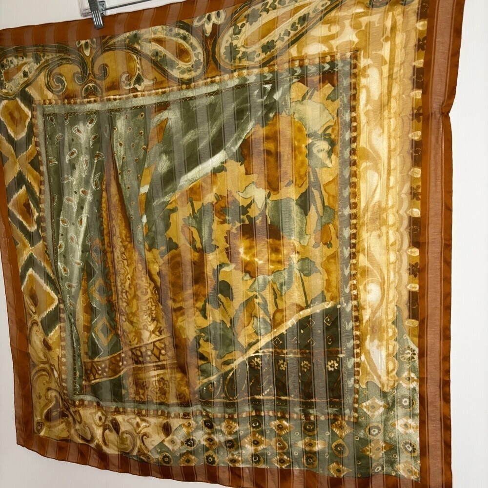 SYMPHONY SCARFS Made in Italy Brown Gold Paisley Floral Abstract Square - Picture 3 of 6